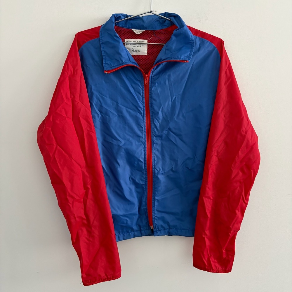 Vintage Sears Mens Blue Red Nylon Windbreaker Jacket RN 44415